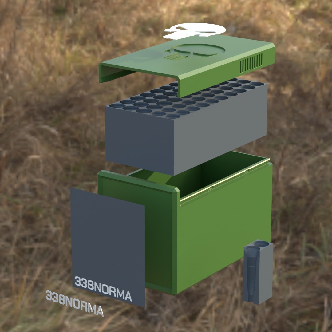 Filamelt Munitionsbox / .338 Norma Magnum / ‘Schiebedeckel’ / Patronenbox, Ammo Box